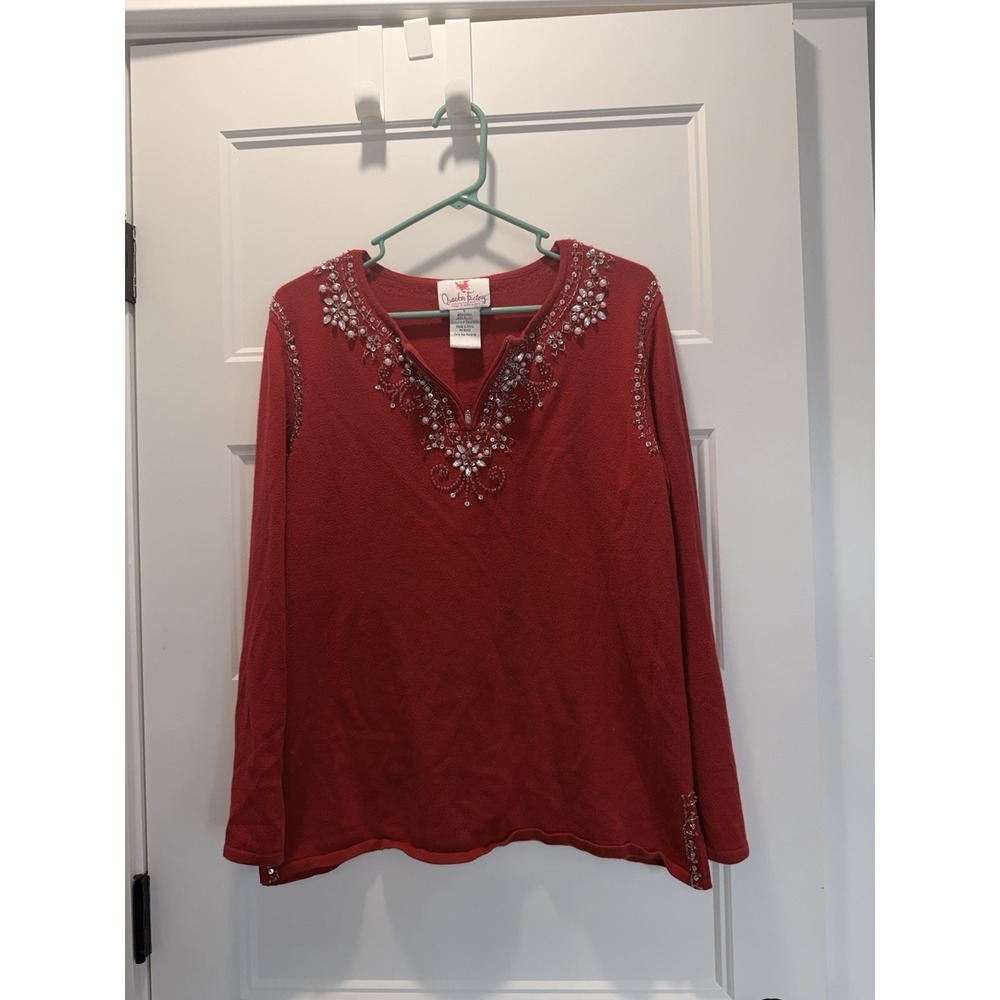 Quacker Factory Women's Beaded 1/4 Zip Knit Sweater Pullover Red Sz. L Valentine